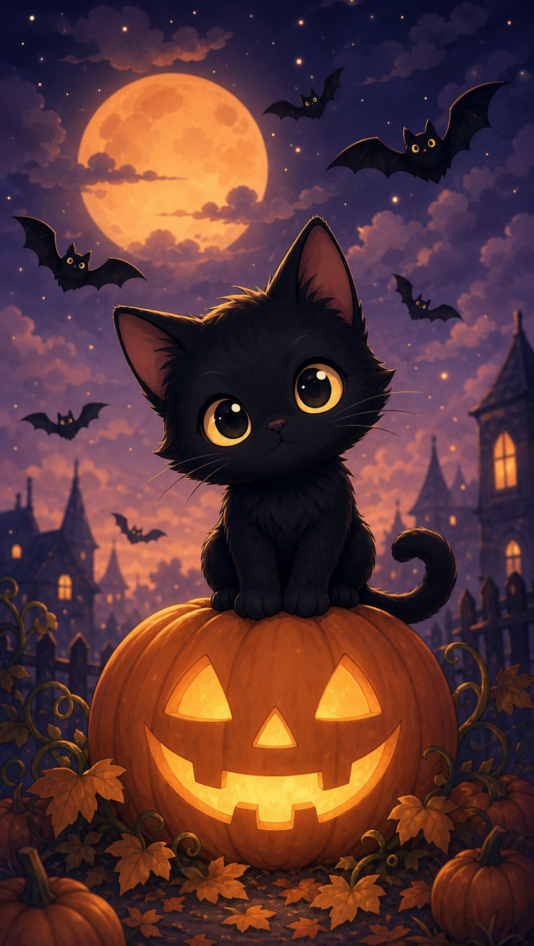 Cute Black Cat on a Pumpkin — AI-generated Halloween phone wallpaper