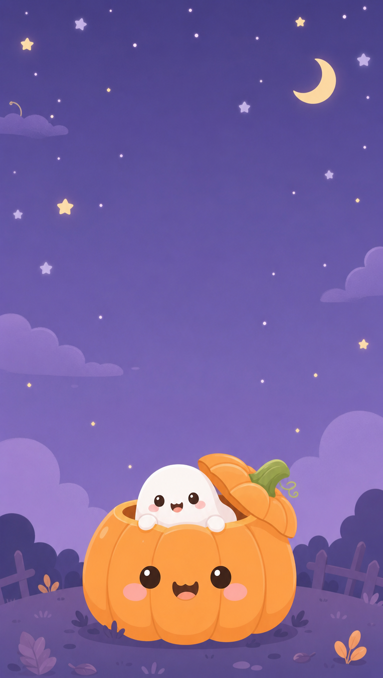 Cute Pumpkin and Little Ghost — AI-generated Halloween phone wallpaper
