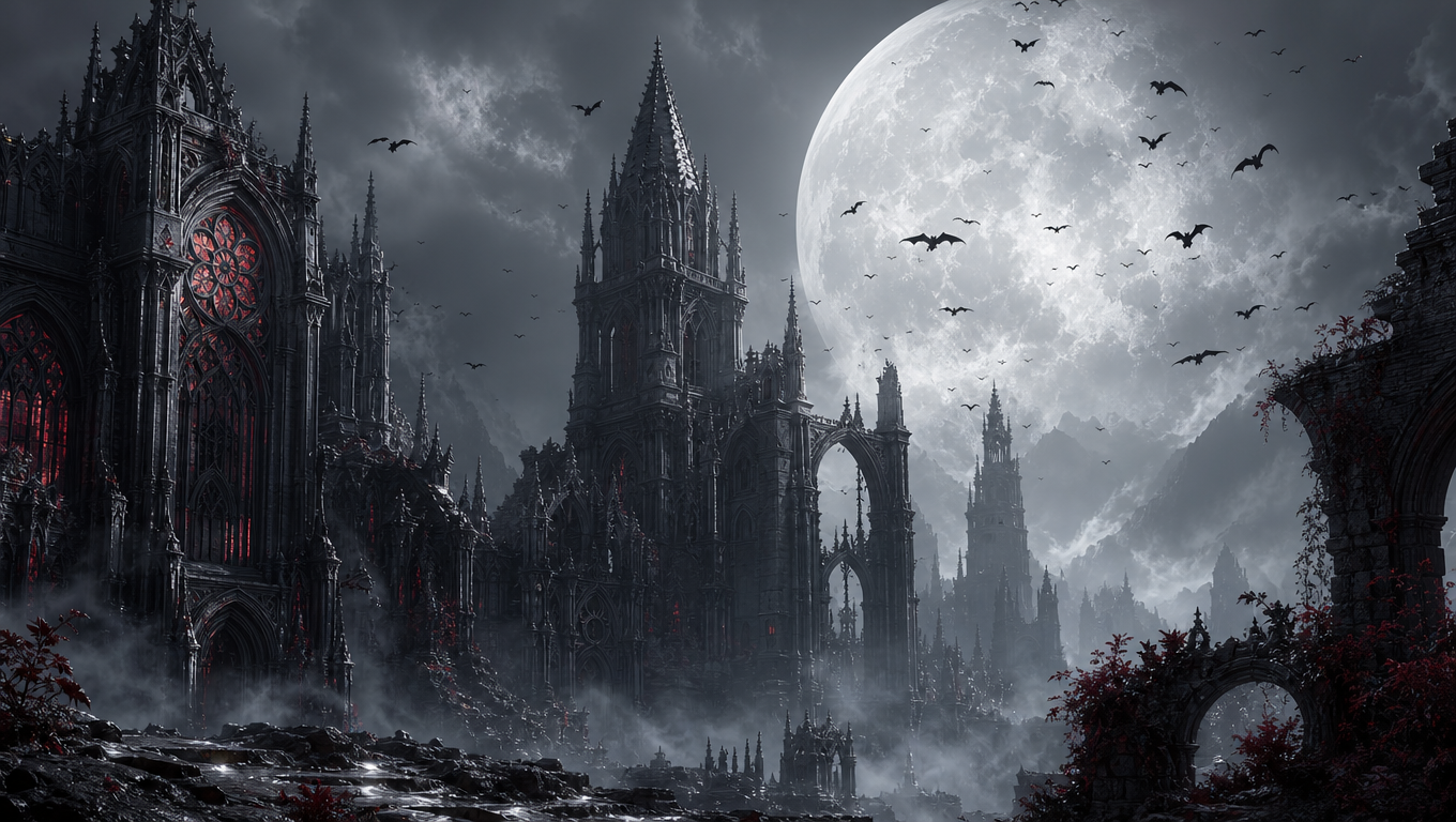 Gothic Cathedral Moon — AI-generated Halloween desktop wallpaper