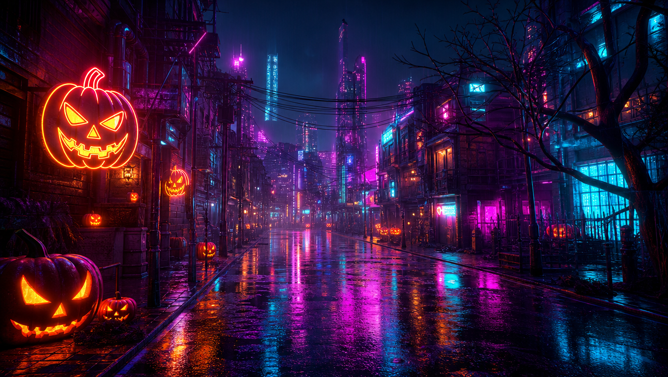 Neon Pumpkin City — AI-generated Halloween desktop wallpaper