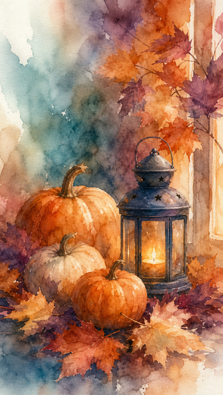 Watercolor Autumn Pumpkins — AI-generated Halloween phone wallpaper